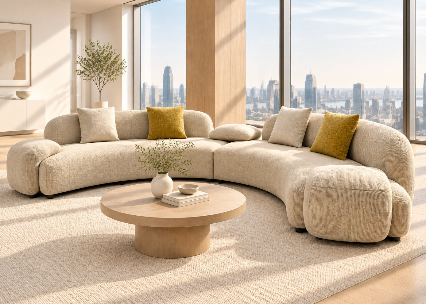 A curved modular upholstered sofa in a light beige corduroy-like fabric, styled with several accent pillows including two mustard yellow pillows, set in a modern room with gray curtains and light gray flooring.