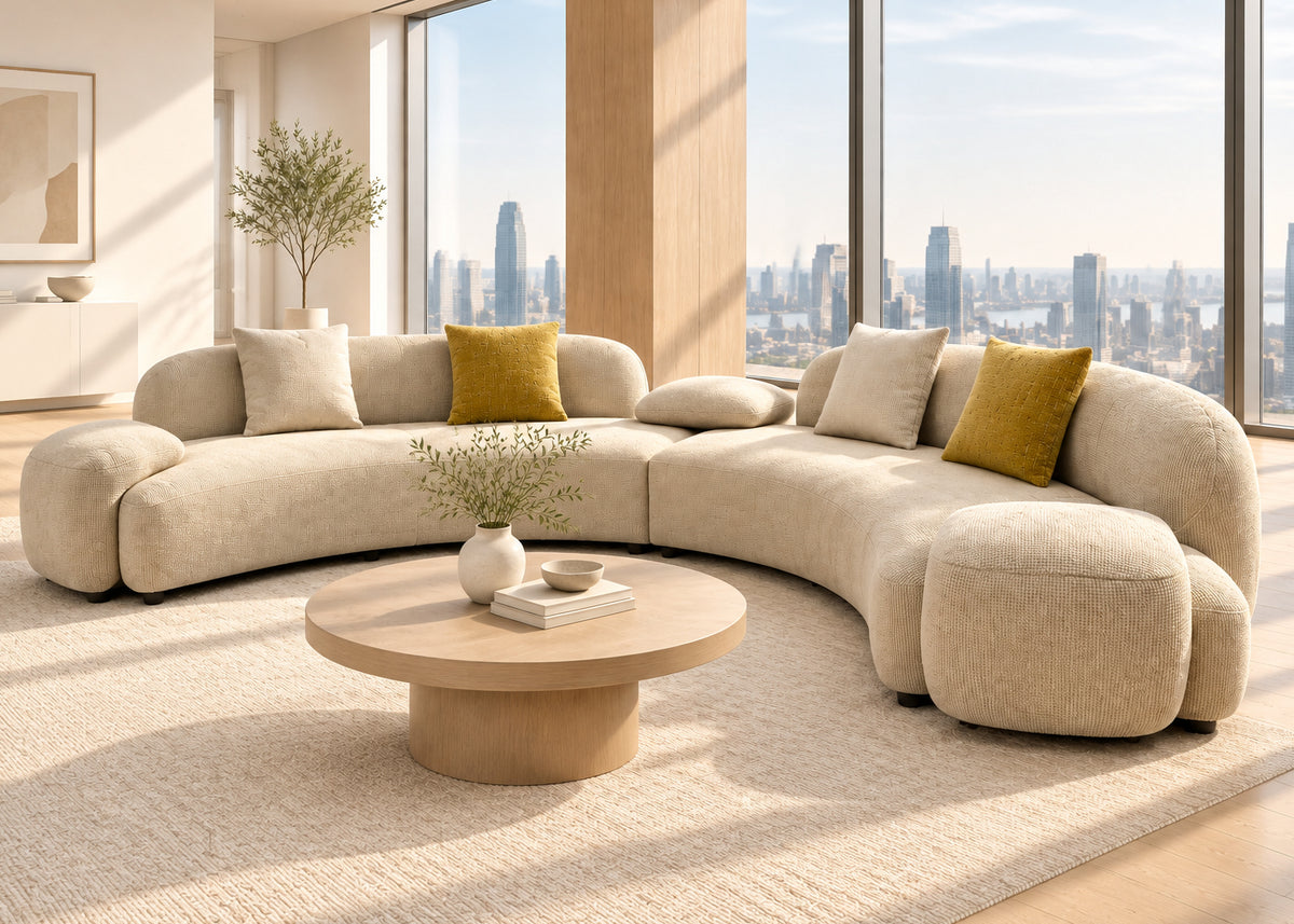 A curved modular upholstered sofa in a light beige corduroy-like fabric, styled with several accent pillows including two mustard yellow pillows, set in a modern room with gray curtains and light gray flooring.