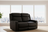 A gray leather reclining loveseat with two cup holders in the armrests.