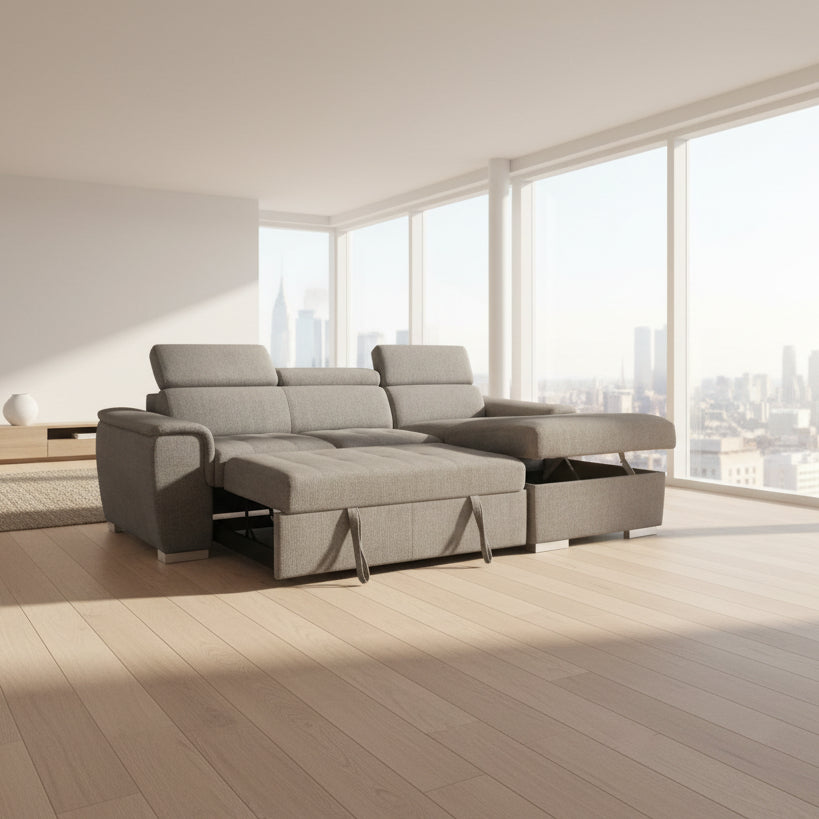 Gray sectional sofa with storage.