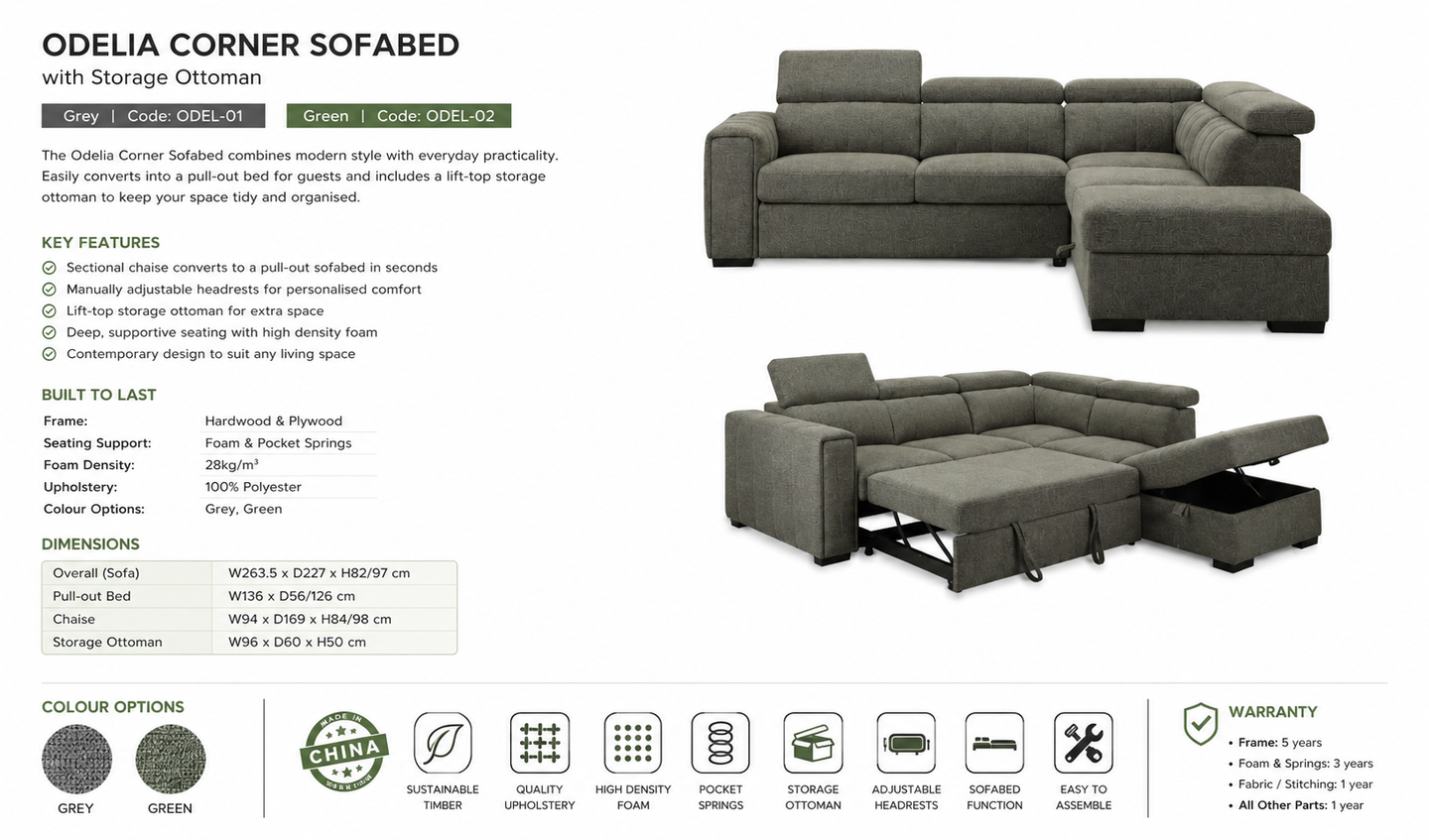 Odelia Fabric Sofa, 5 Seater Storage