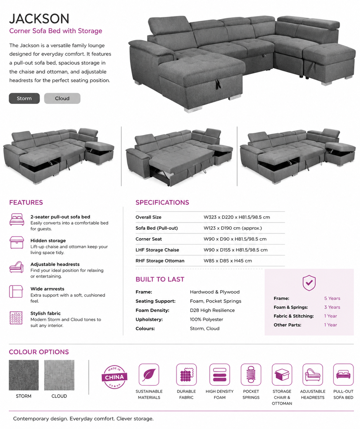 Jackson Fabric Sofa, 5 Seater Storage