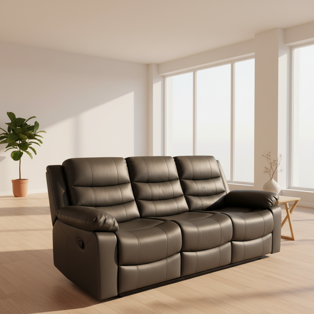 A modern three-seat leather reclining sofa.