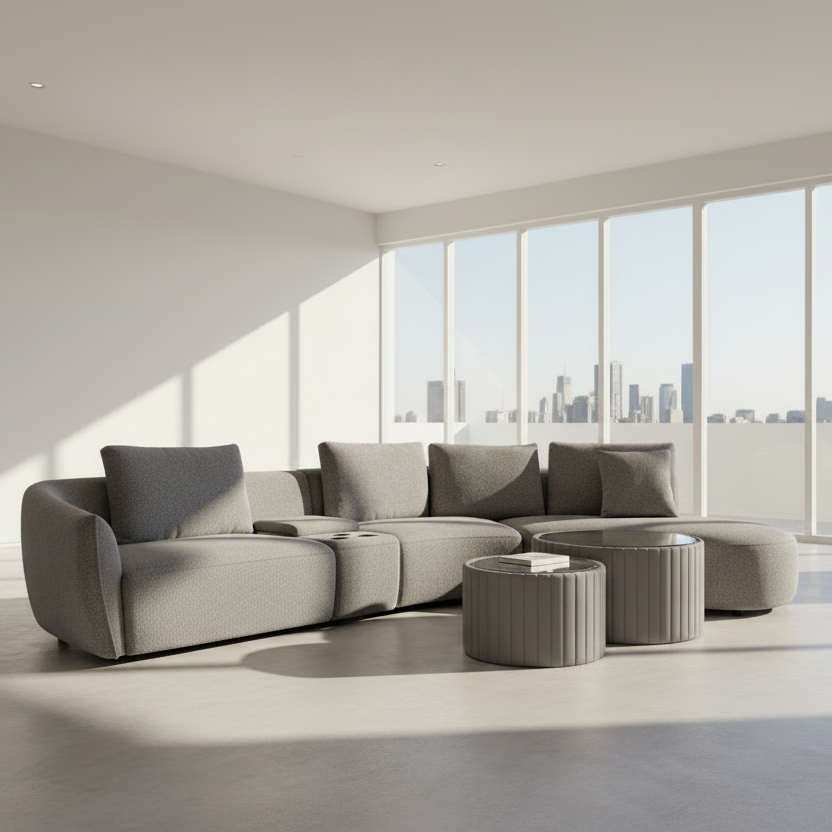 Solace RHF Crn w/Console Mid Grey Fabric Sofa, 6 Seater Curved