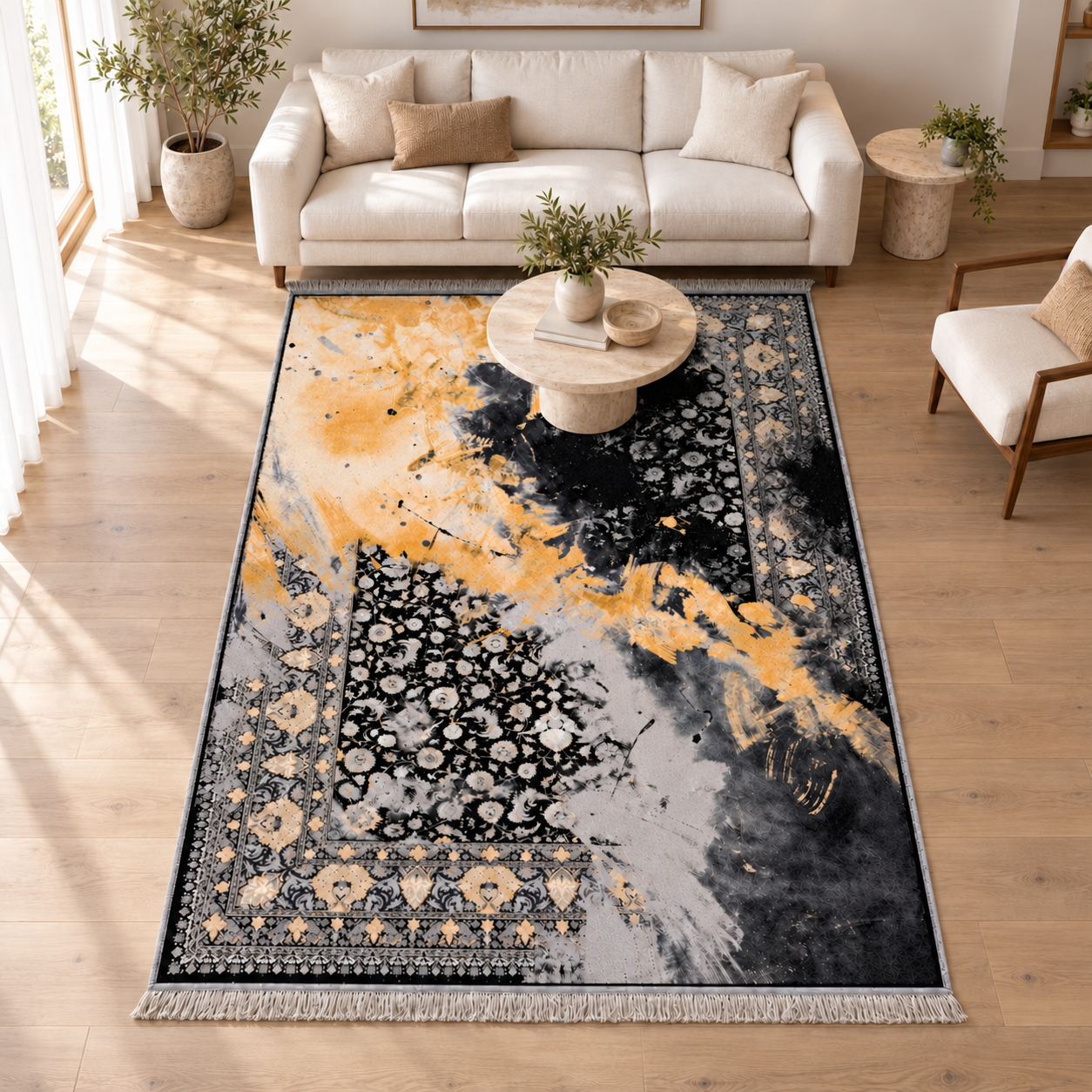 Cloudy Matrix Rugs 12661 styled as a 200 x 300 cm rug in a bright living room with an ivory sofa and timber chair