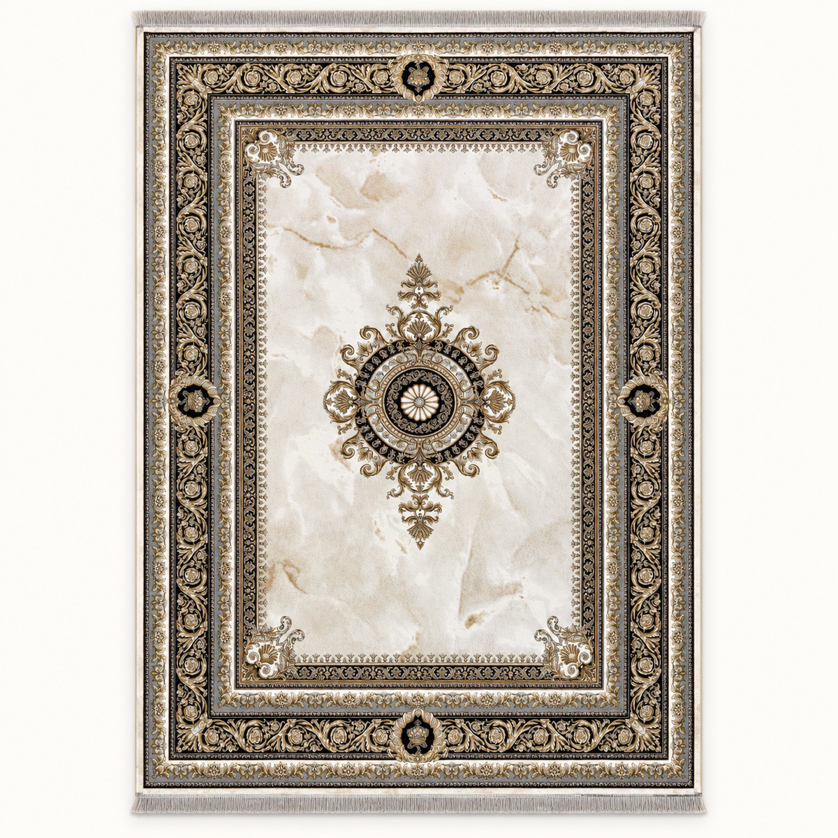 Cream Zhinus Rugs 12689, complete cream black and gold medallion rug in 200 x 300 cm proportions