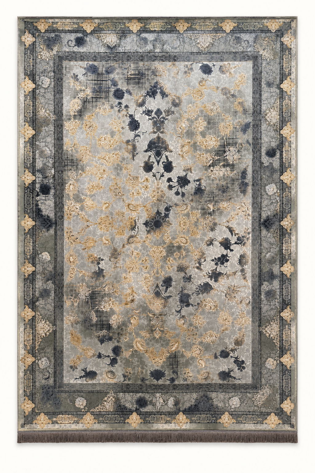 Matrix Rugs 12663, full-length grey and gold floral rug in 200 x 300 cm proportions