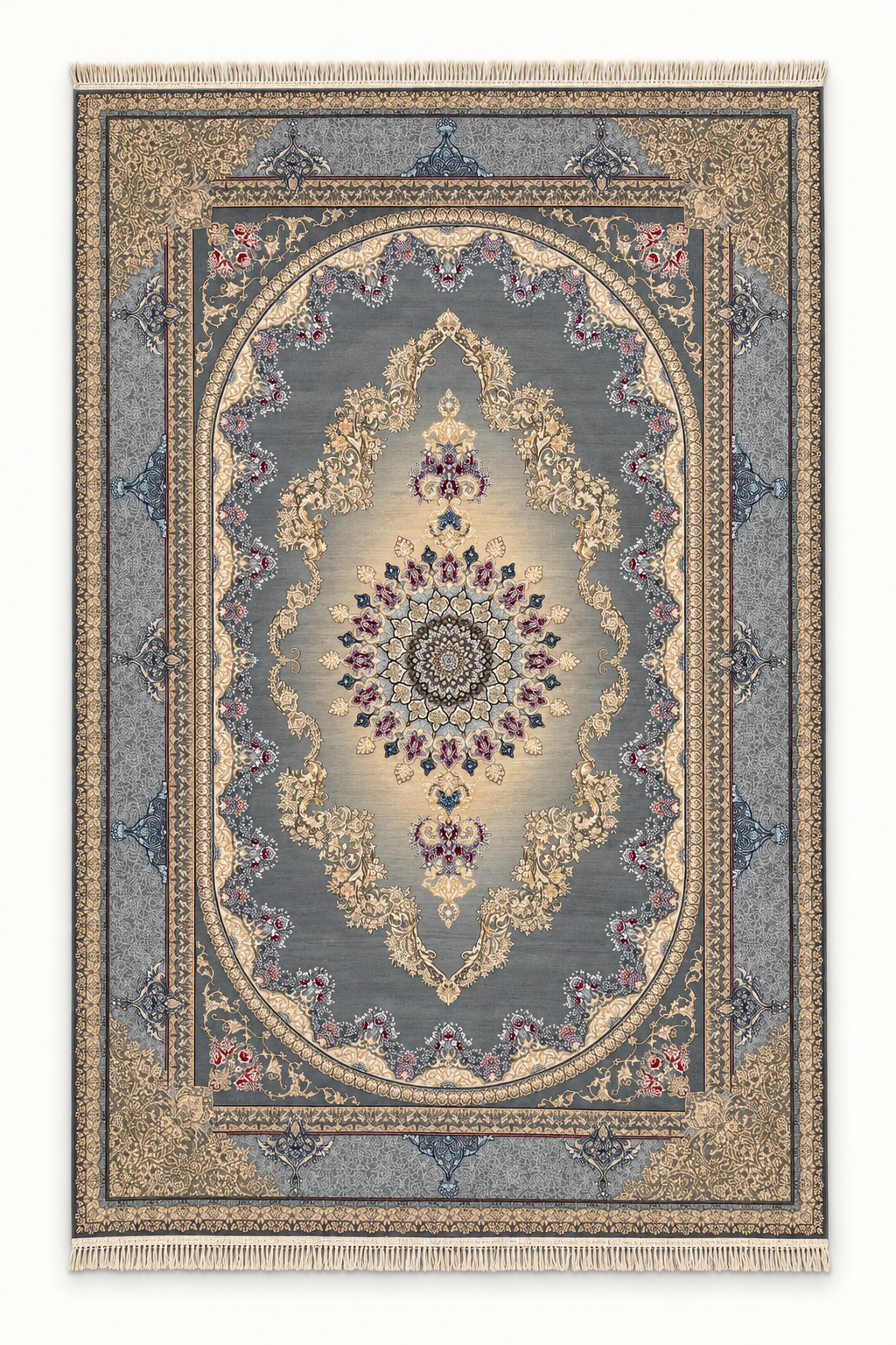 Worlds Dolphin Matrix Rugs 12665, complete grey and gold Persian medallion rug in 200 x 300 cm proportions