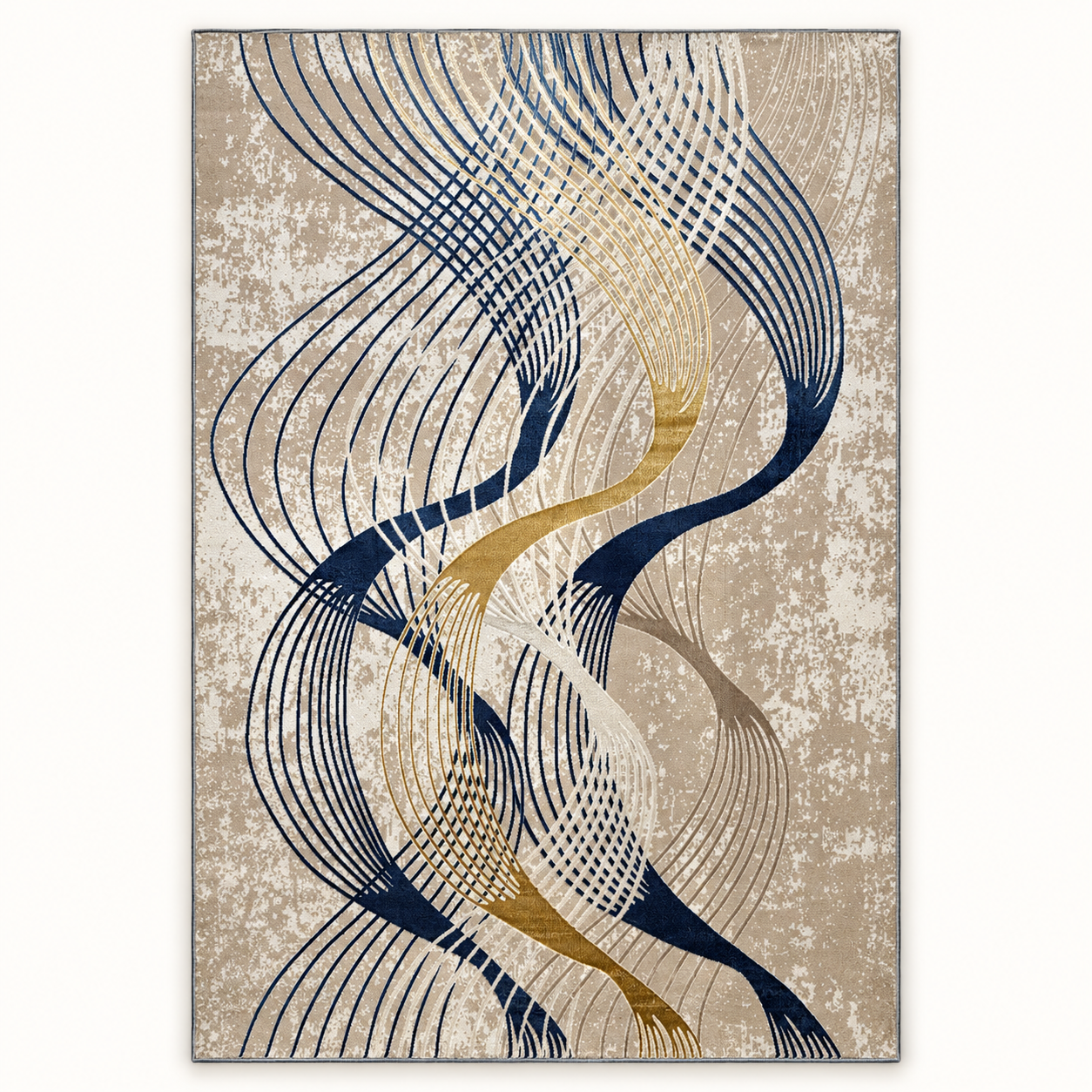 Turkish Matrix Rugs 12666, complete navy gold and ivory curved-line rug in 200 x 300 cm proportions