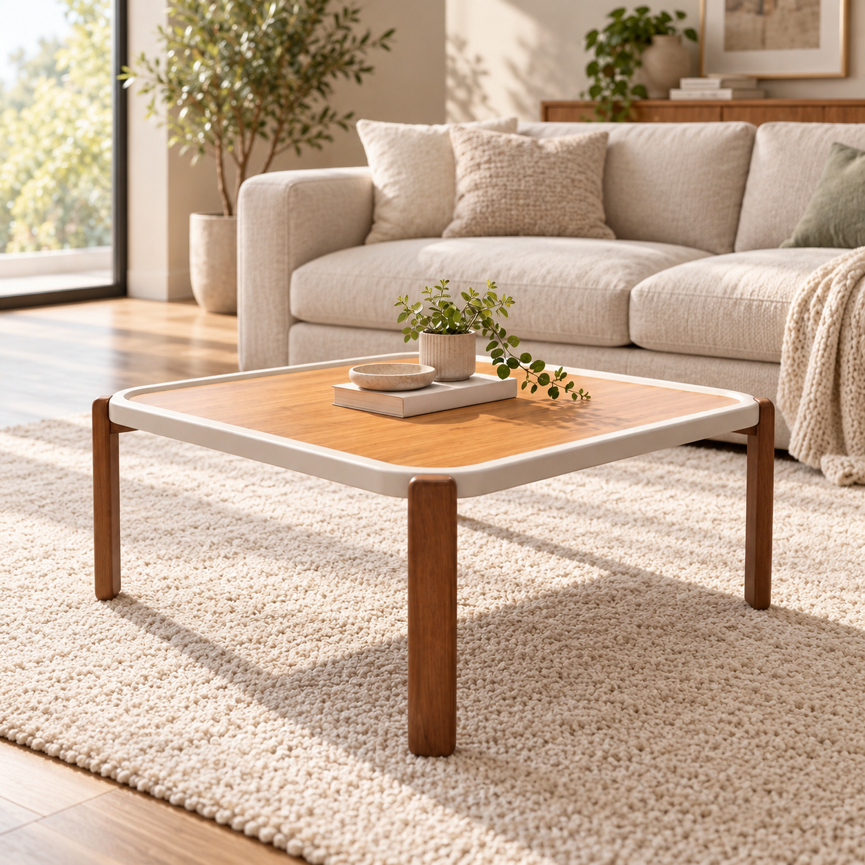 Square Wooden Coffee Table in a contemporary living room